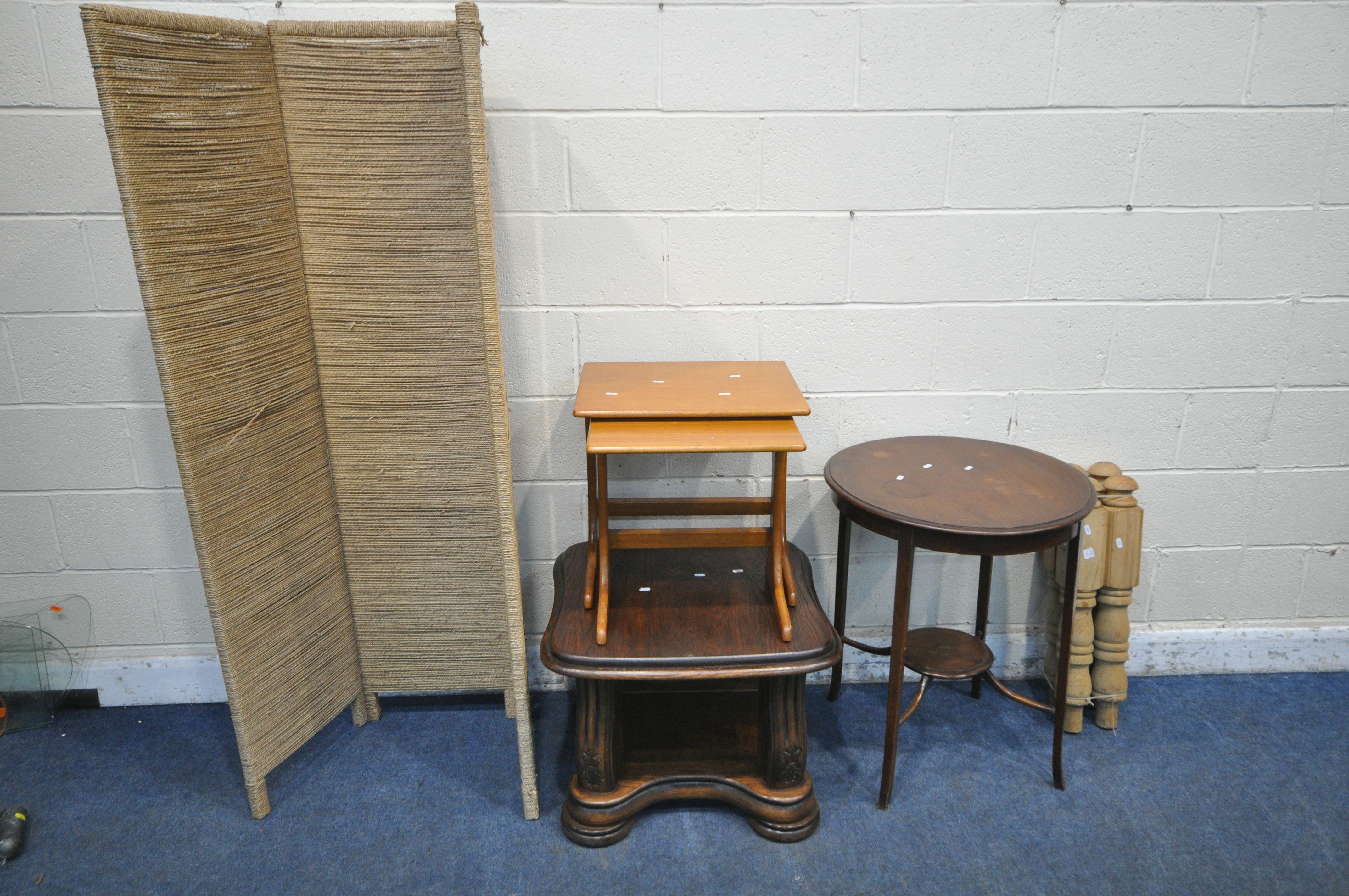 A 20TH CENTURY OAK LAMP TABLE, with shaped legs, united by an undershelf, a nest of two tables, a