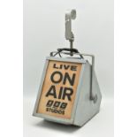 A VINTAGE BBC STUDIOS 'LIVE ON AIR' HANGING LIGHT IN A GREY PAINTED METAL HOUSING, the panel