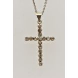 A DIAMOND CROSS PENDANT AND CHAIN, the cross pendant set with rough/flat cut diamonds, suspended