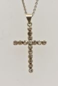 A DIAMOND CROSS PENDANT AND CHAIN, the cross pendant set with rough/flat cut diamonds, suspended