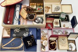 A BOX OF ASSORTED COSTUME JEWELLERY, to include a 'Swarovski' butterfly necklace, together with