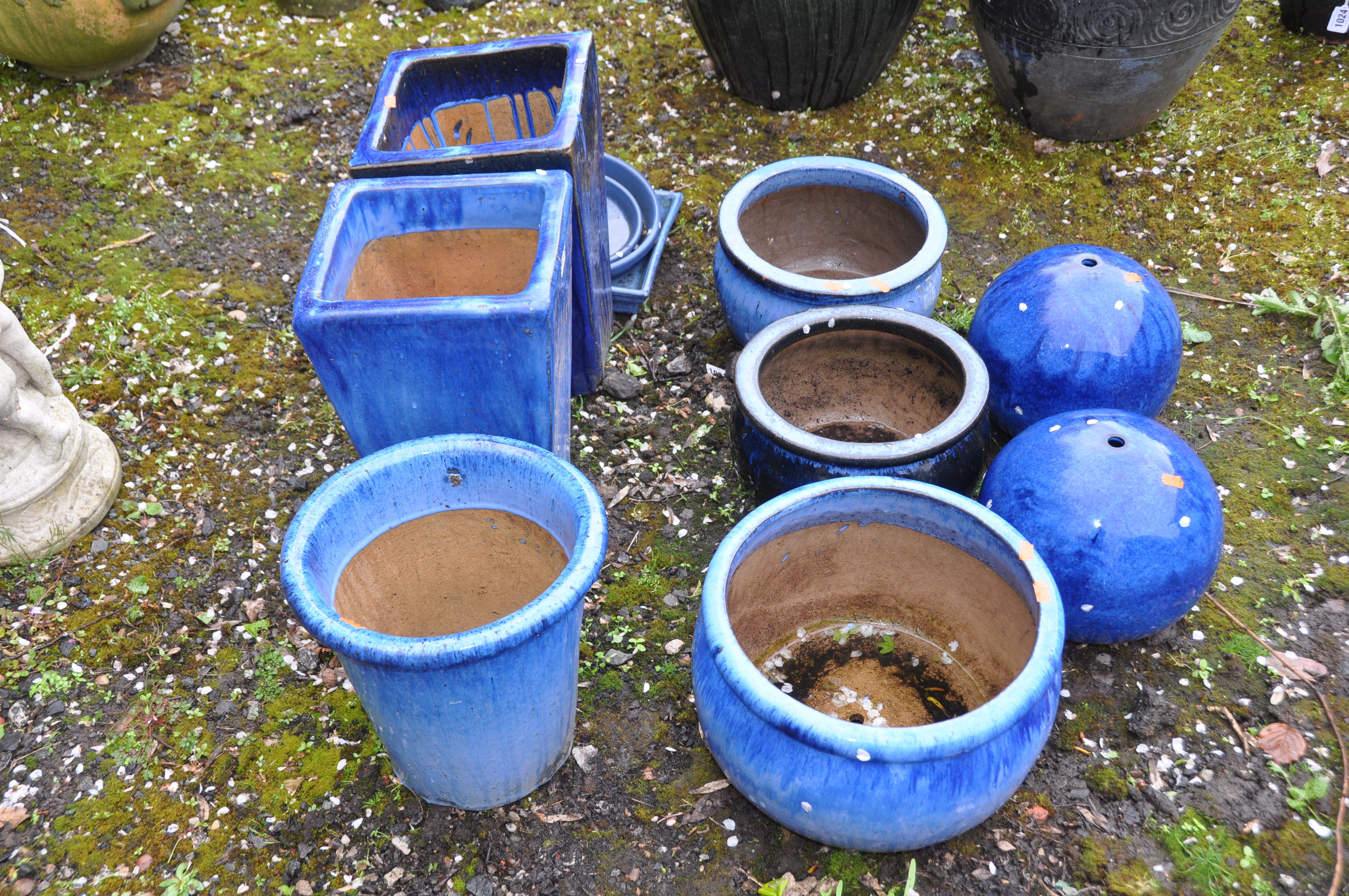 ELEVEN BLUE GLAZED GARDEN POTS and orbs the largest being 38cm high - Image 2 of 3