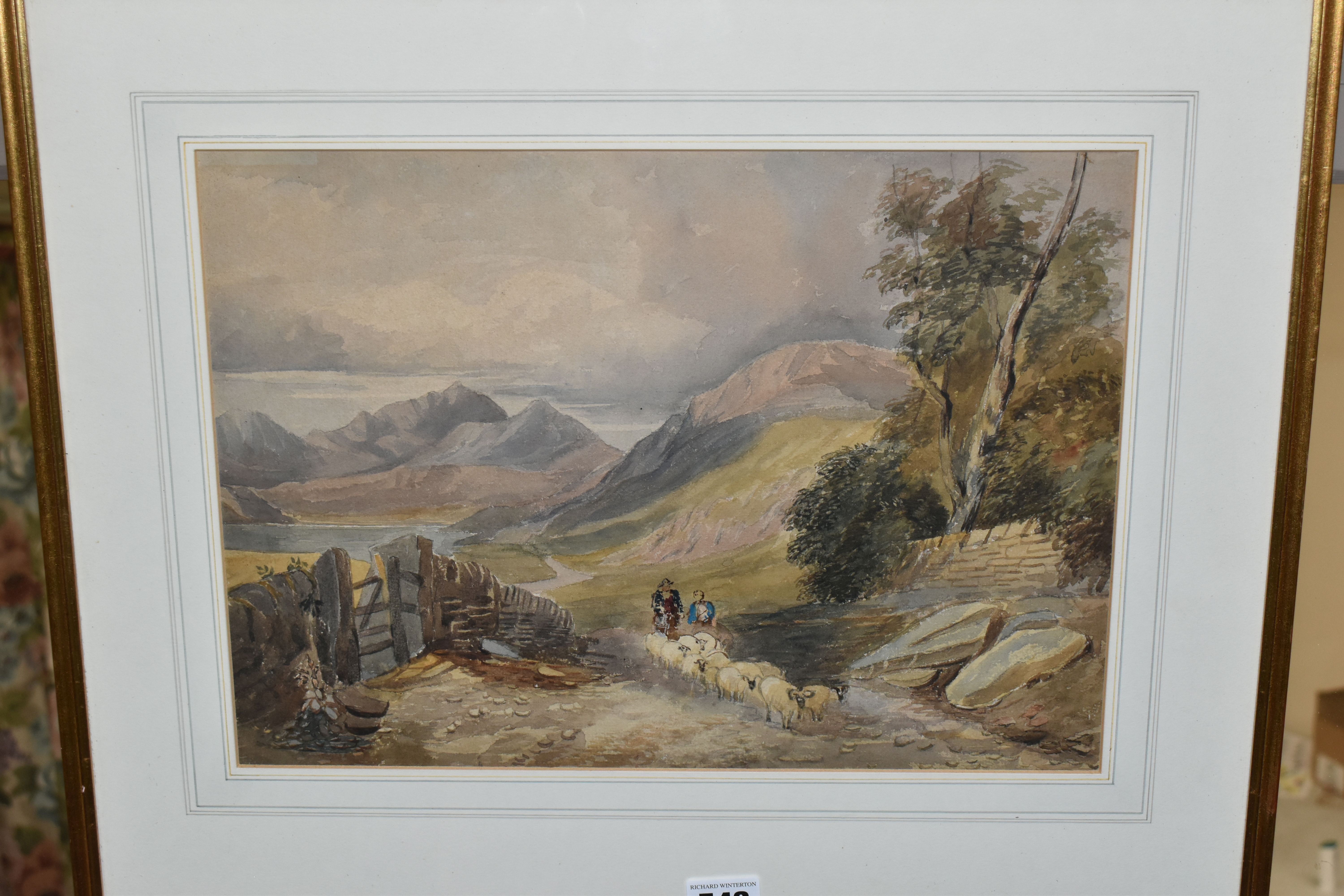 A 19TH CENTURY ENGLISH SCHOOL PASTORAL LANDSCAPE, two figures are driving a flock of sheep on a - Image 2 of 7