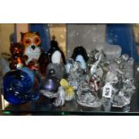 A GROUP OF GLASS ANIMALS AND BIRDS, to include an amber Wedgwood teddy bear paperweight, a