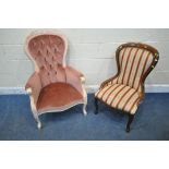 FURNISHINGS ITALIA, A BLEACHED FINISH SPOONBACK CHAIR, with pink buttoned upholstery, on front