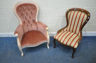 FURNISHINGS ITALIA, A BLEACHED FINISH SPOONBACK CHAIR, with pink buttoned upholstery, on front