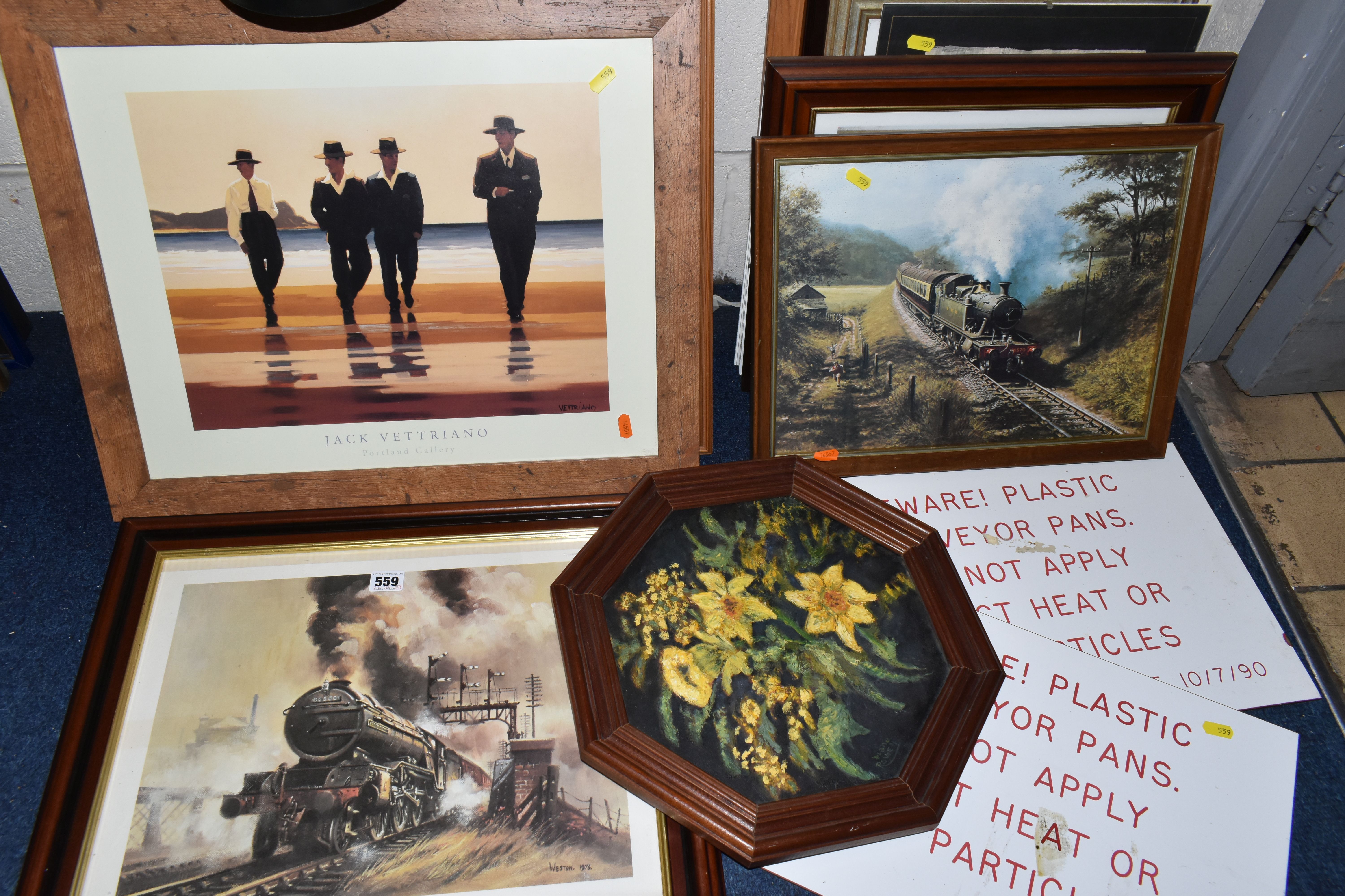 A SMALL QUANTITY OF PICTURES AND PRINTS ETC, comprising an oil on board depicting daffodils by Diana