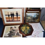 A SMALL QUANTITY OF PICTURES AND PRINTS ETC, comprising an oil on board depicting daffodils by Diana