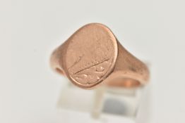 A 9CT ROSE GOLD GENTS SIGNET RING, oval polished form with foliate pattern, leading onto a