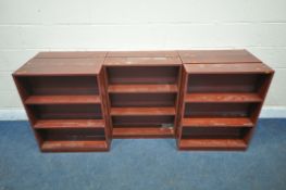 EIGHT MODERN MAHOGANY EFFECT OPEN BOOKCASES, each with two fixed shelves, width 65cm x depth 17cm