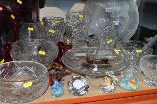 A SMALL COLLECTION OF GLASSWARES ETC, to include two Whitefriars ruby ducks - both chipped,