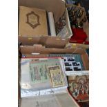 THREE BOXES OF EPHEMERA, BOOKS & SUNDRIES to include a folder containing foreign banknotes, cheque