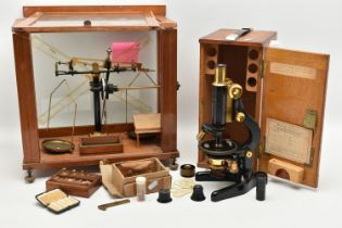 AN EARLY 20TH CENTURY BRASS 'KIMA,' PETROLOGICAL MICROSCOPE, A SET OF BRASS SCALES AND