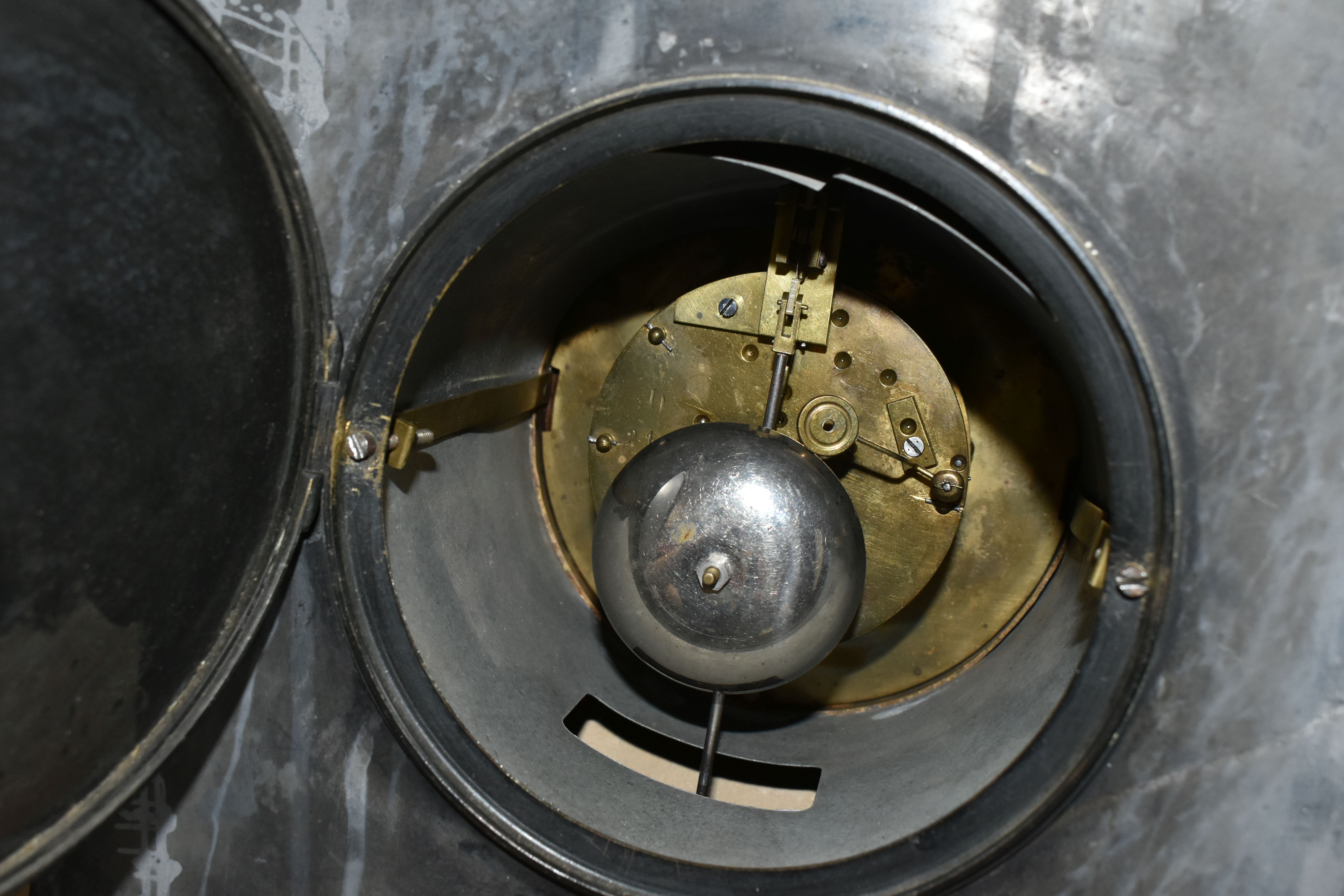 A VICTORIAN BLACK SLATE MANTLE CLOCK, inset with red marble accents, the enamel dial marked - Image 6 of 6