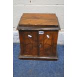 A SMALL 19TH CENTURY WALNUT AND INLAID TABLE TOP DOUBLE DOOR CABINET, enclosing three drawers with