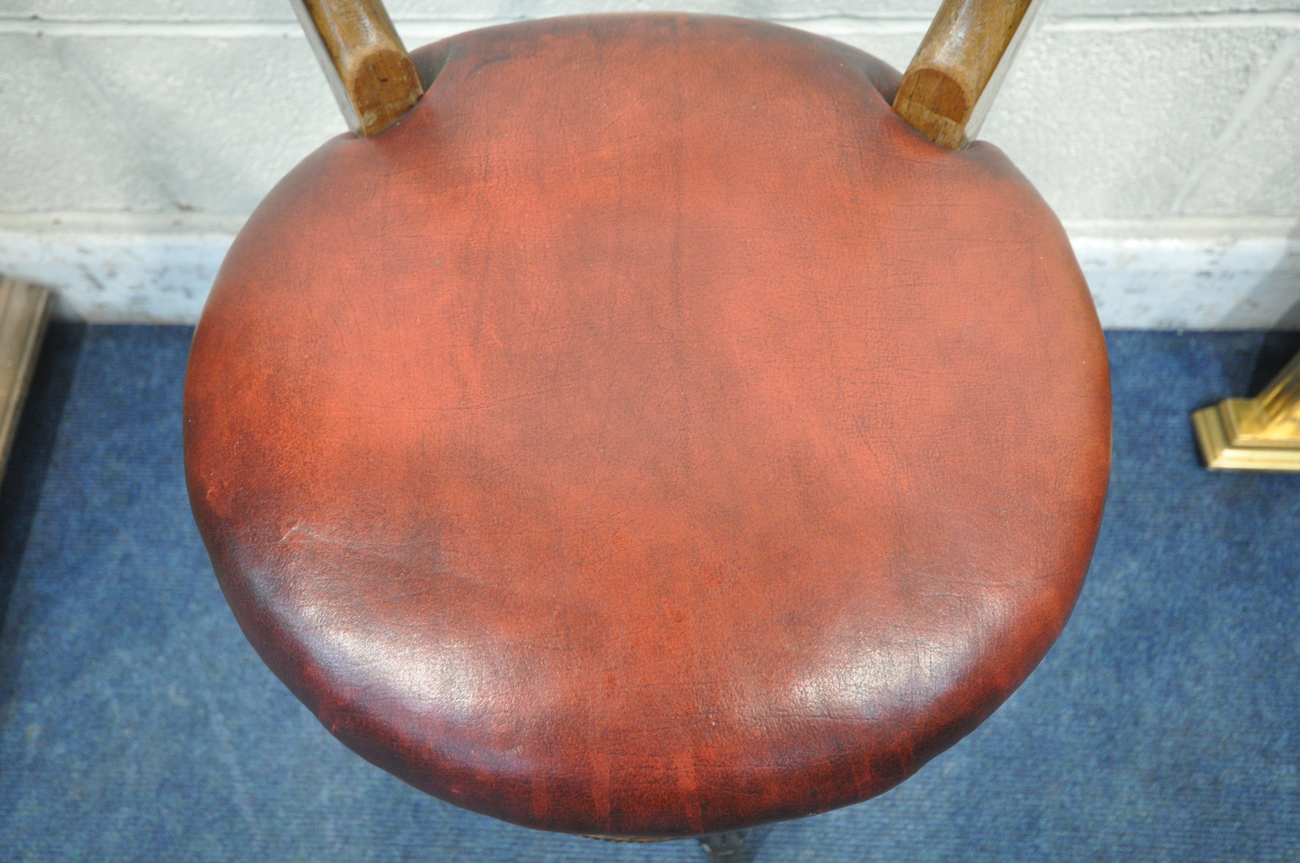 A 19TH CENTURY ROSEWOOD MUSICIAN / HARPIST SWIVEL CHAIR, with scrolled and foliate backrest, oxblood - Image 4 of 7