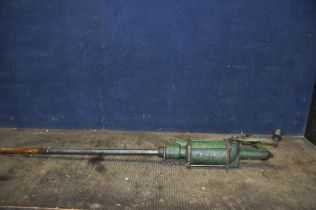 A VINTAGE OIL DRUM HAND PUMP with 2 1/4in and 1 7/8in drum threads, a fill tube 32in long (welded