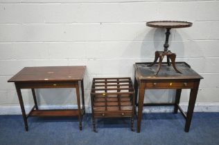 A GEORGIAN STYLE MAHOGANY AND INLAID SIDE TABLE, with square tapered legs and spade feet, united