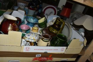THREE BOXES AND LOOSE CERAMICS, to include an Austrian 6001-25 green and brown handled vase, a red