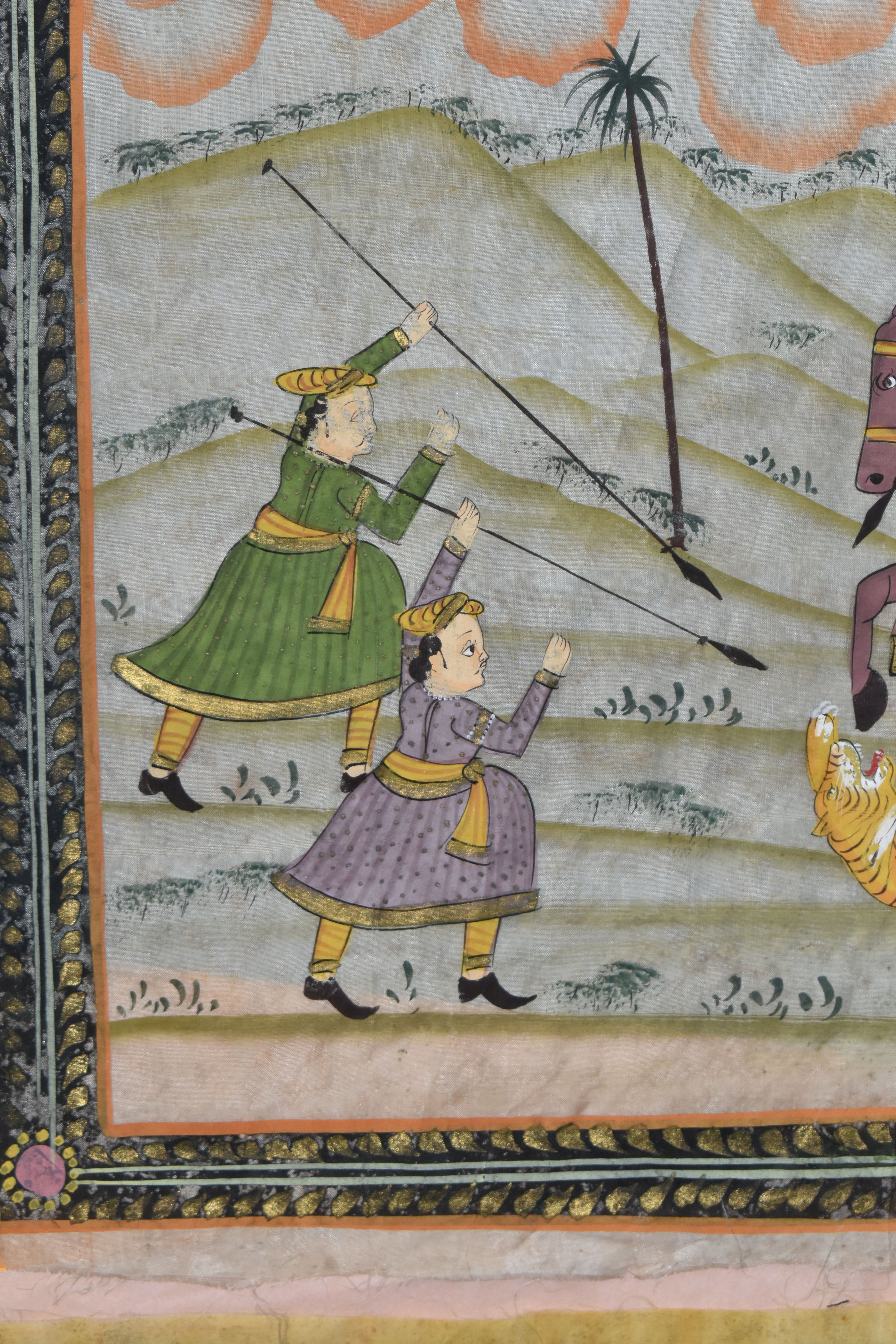 TWO 20TH CENTURY INDIAN / PERSIAN PAINTINGS ON SILK, the first depicting a hunting scene with a - Image 3 of 7