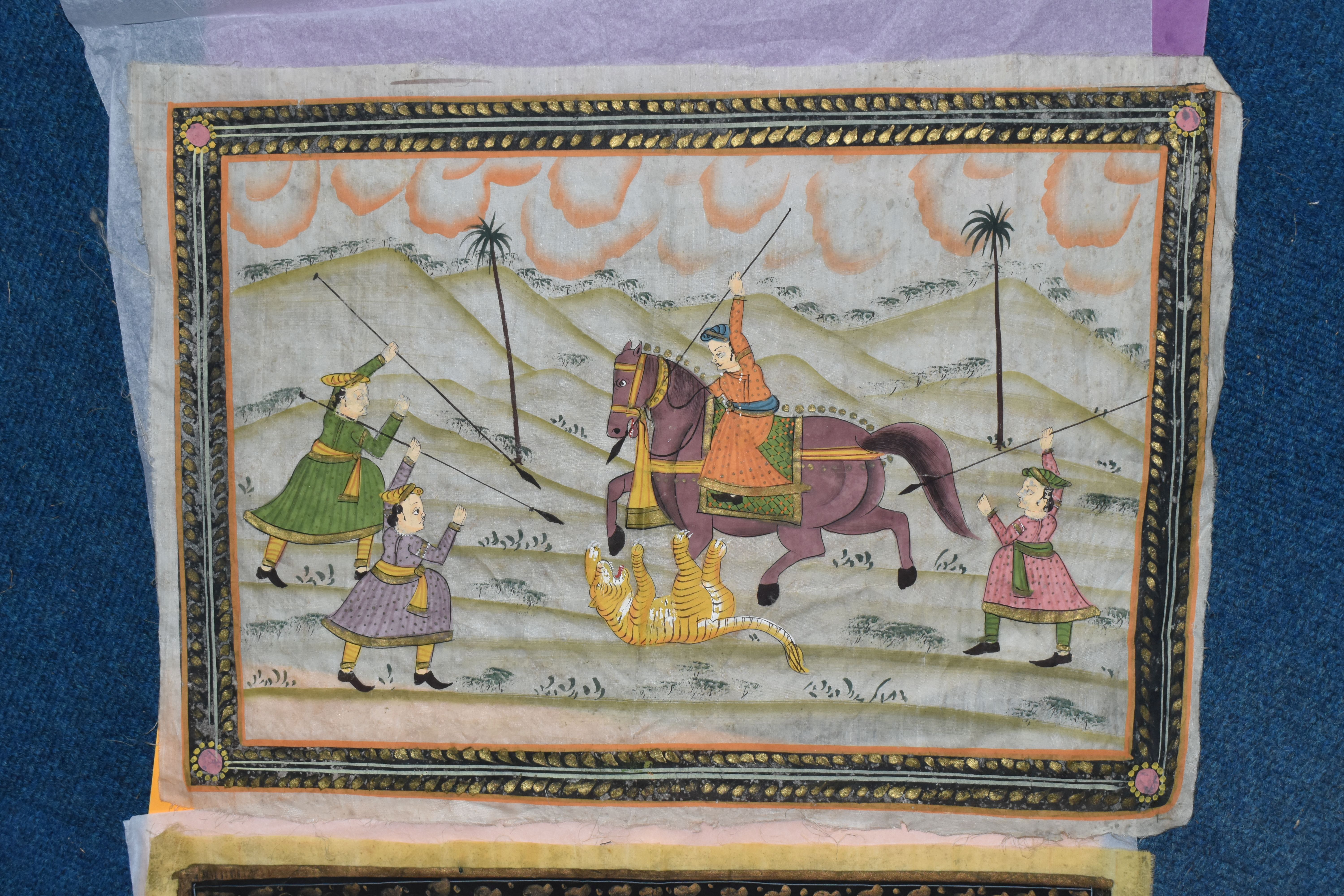 TWO 20TH CENTURY INDIAN / PERSIAN PAINTINGS ON SILK, the first depicting a hunting scene with a - Image 2 of 7