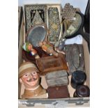 A BOX CONTAINING PRINTING BLOCKS, WOODEN BOTTLE STOPPERS, ETC, including two German hand cut