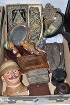 A BOX CONTAINING PRINTING BLOCKS, WOODEN BOTTLE STOPPERS, ETC, including two German hand cut