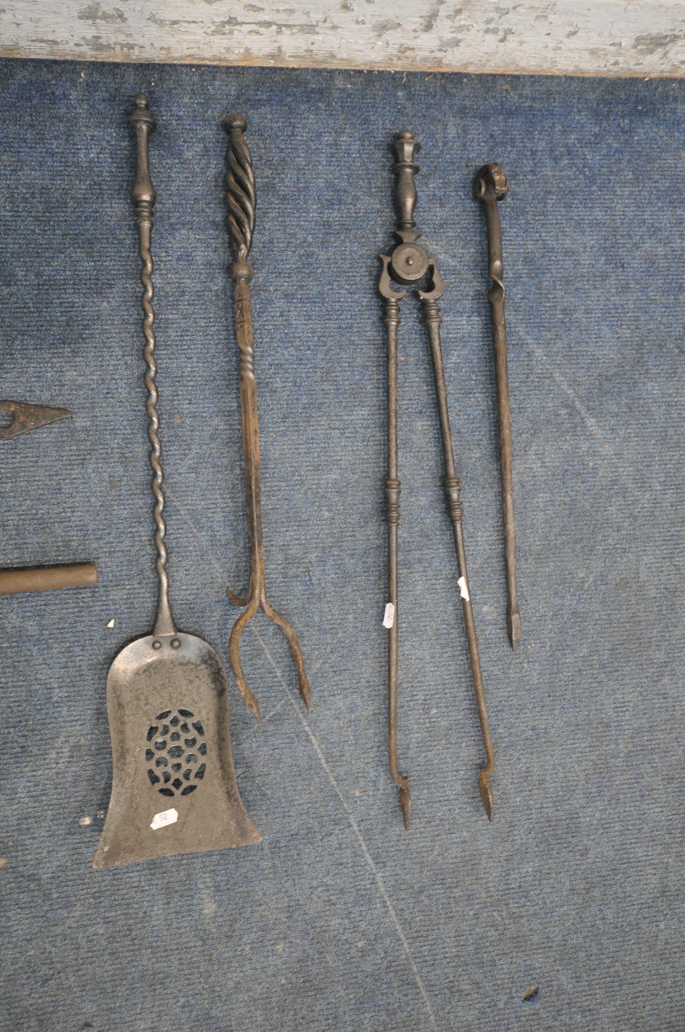 A PAIR OF VICTORIAN CAST IRON ANTI CLIMB SPIKES, a door handle, a chain pipe wrench, along with four - Image 4 of 4