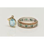 A 9CT GOLD SPINEL AND EMERALD FULL ETERNITY BAND, AND A PENDANT, the ring set with a row of square
