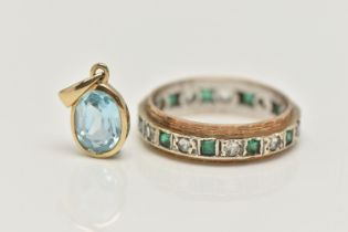 A 9CT GOLD SPINEL AND EMERALD FULL ETERNITY BAND, AND A PENDANT, the ring set with a row of square
