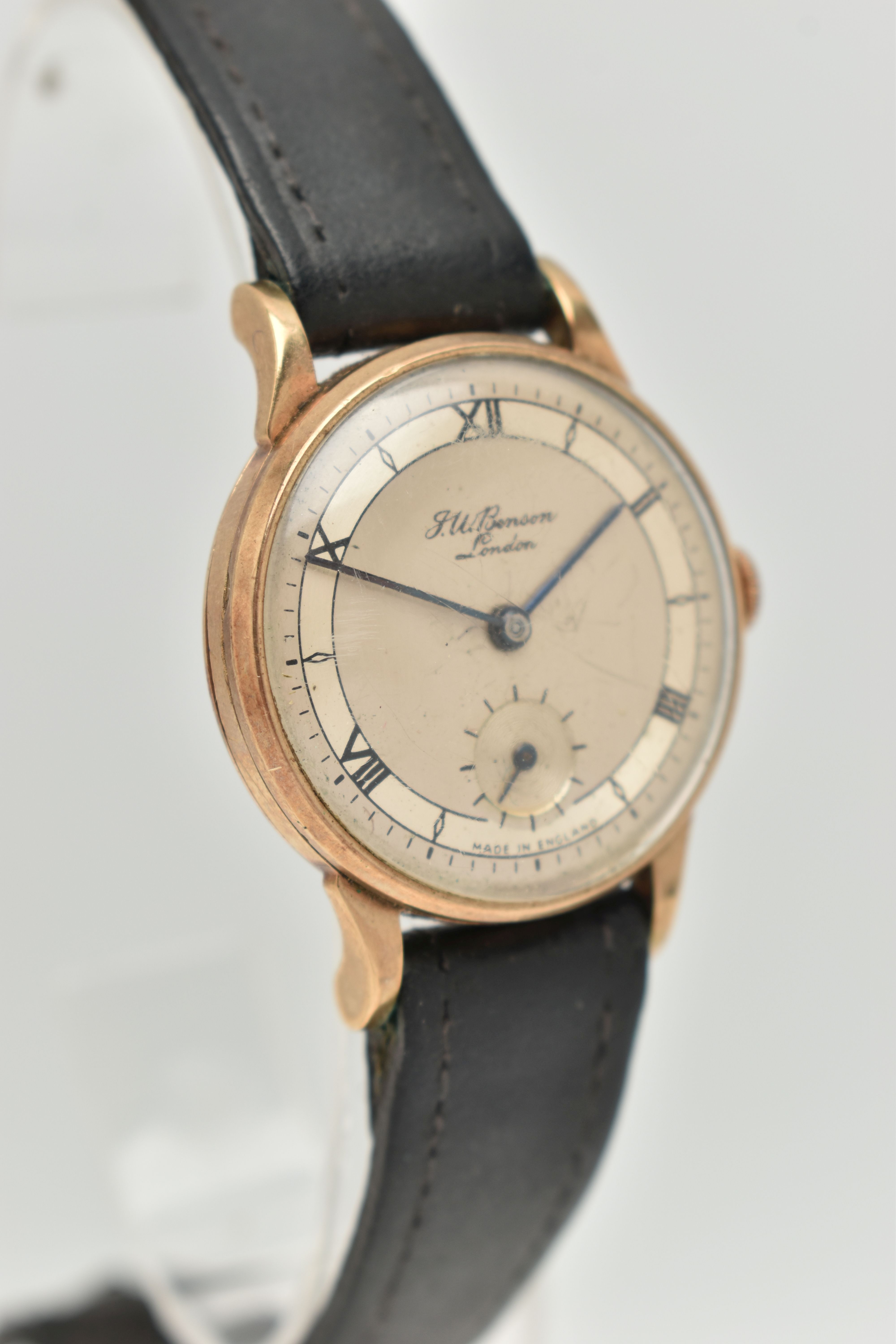 A GENTS 9CT GOLD 'J.W.BENSON' WRISTWATCH, manual wind, round silvered dial signed 'J.W.Benson - Image 2 of 6