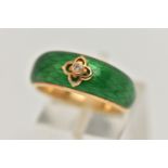 AN 18CT GOLD ENAMEL AND DIAMOND RING, the tapered band with green enamel to the front, a