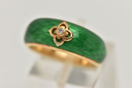 AN 18CT GOLD ENAMEL AND DIAMOND RING, the tapered band with green enamel to the front, a