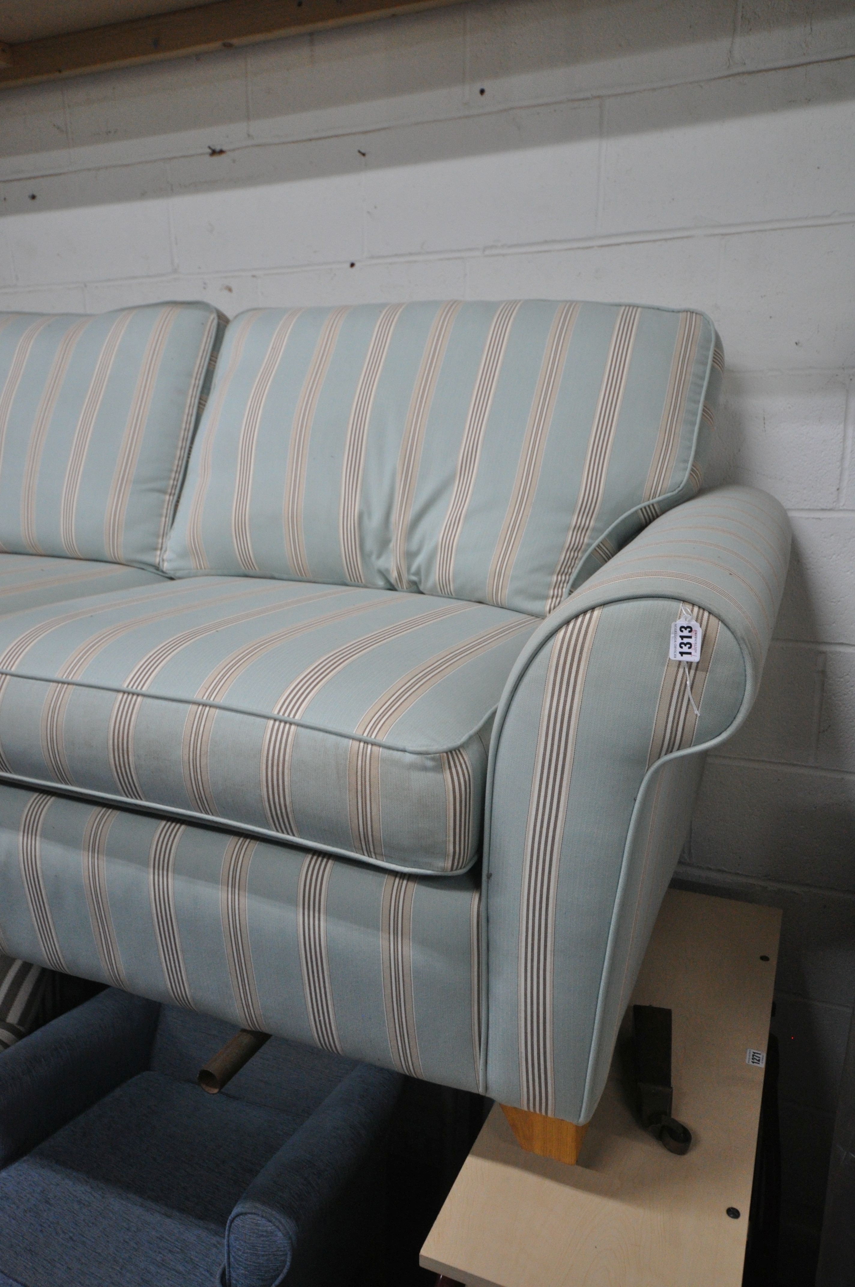 A BLUE AND STRIPPED UPHOLSTERED TWO SEATER SOFA, length 202cm x depth 90cm x height 95cm ( - Image 3 of 3