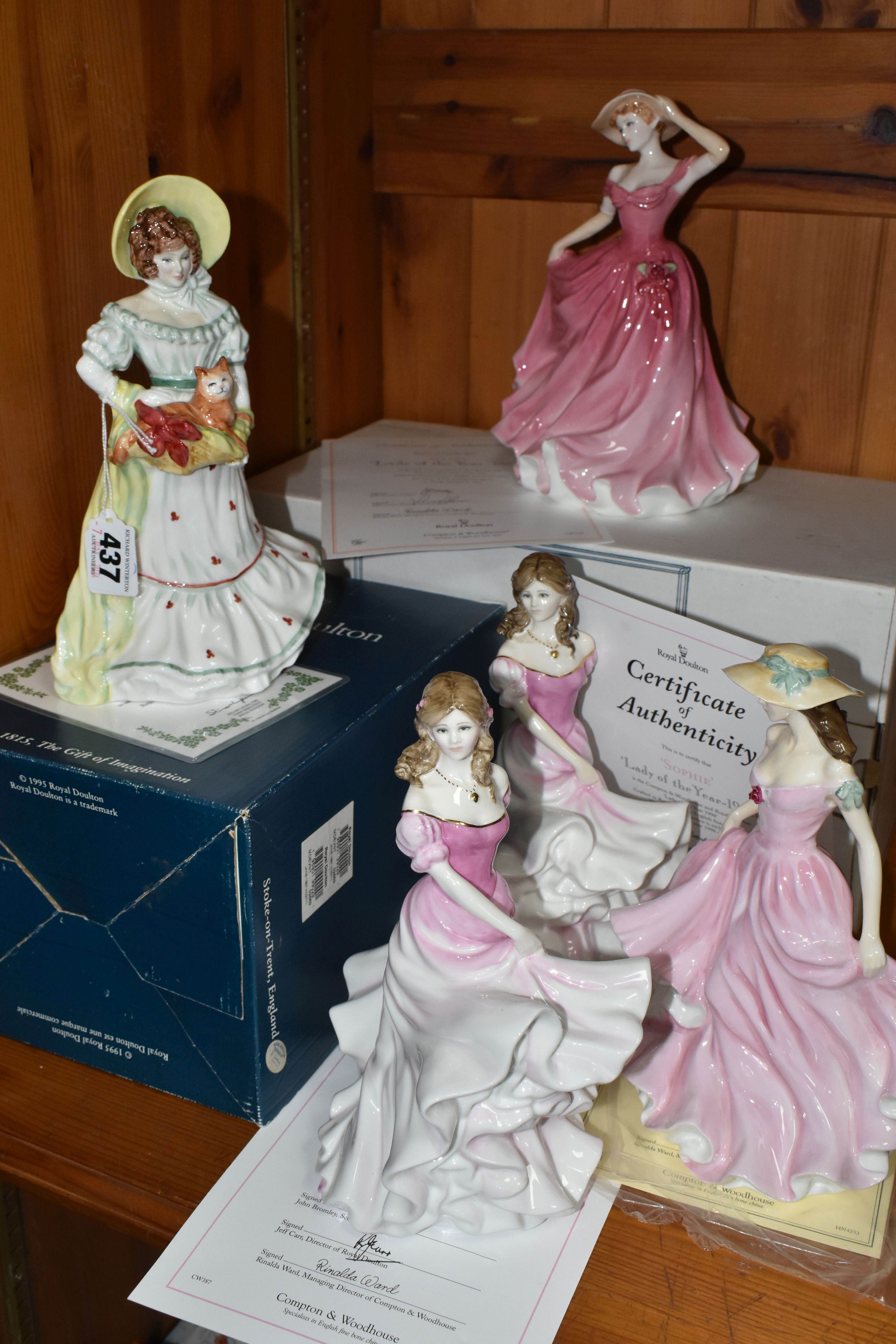 A GROUP OF FIVE ROYAL DOULTON FIGURINES, comprising two 'Sophie' Lady of the Year 1998 figures