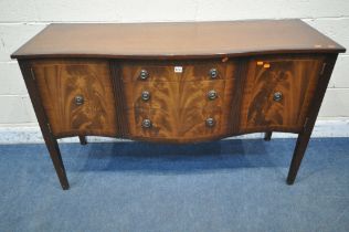 A REPRODUCTION MAHOGANY SERPENTINE SIDEBOARD, fitted with two cupboard doors, flanking three