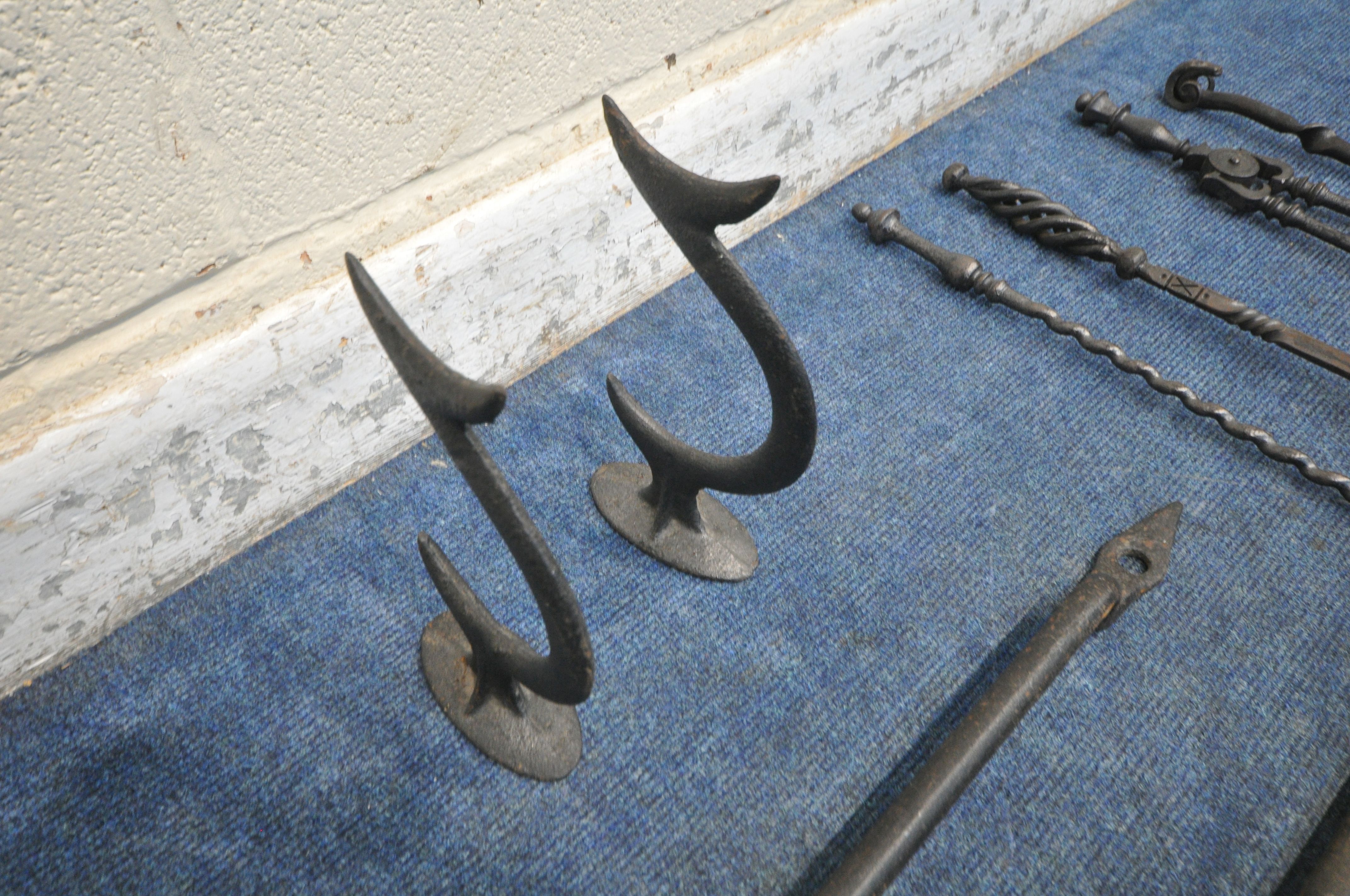 A PAIR OF VICTORIAN CAST IRON ANTI CLIMB SPIKES, a door handle, a chain pipe wrench, along with four - Image 2 of 4