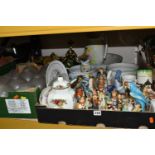 THREE BOXES OF CERAMICS AND ORNAMENTS, to include four metal wall light fittings with eight