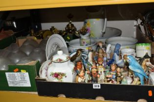 THREE BOXES OF CERAMICS AND ORNAMENTS, to include four metal wall light fittings with eight