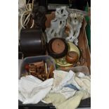 A BOX OF SUNDRY ITEMS, to include a bronzed figural table lamp depicting a putto, signed in mould WH