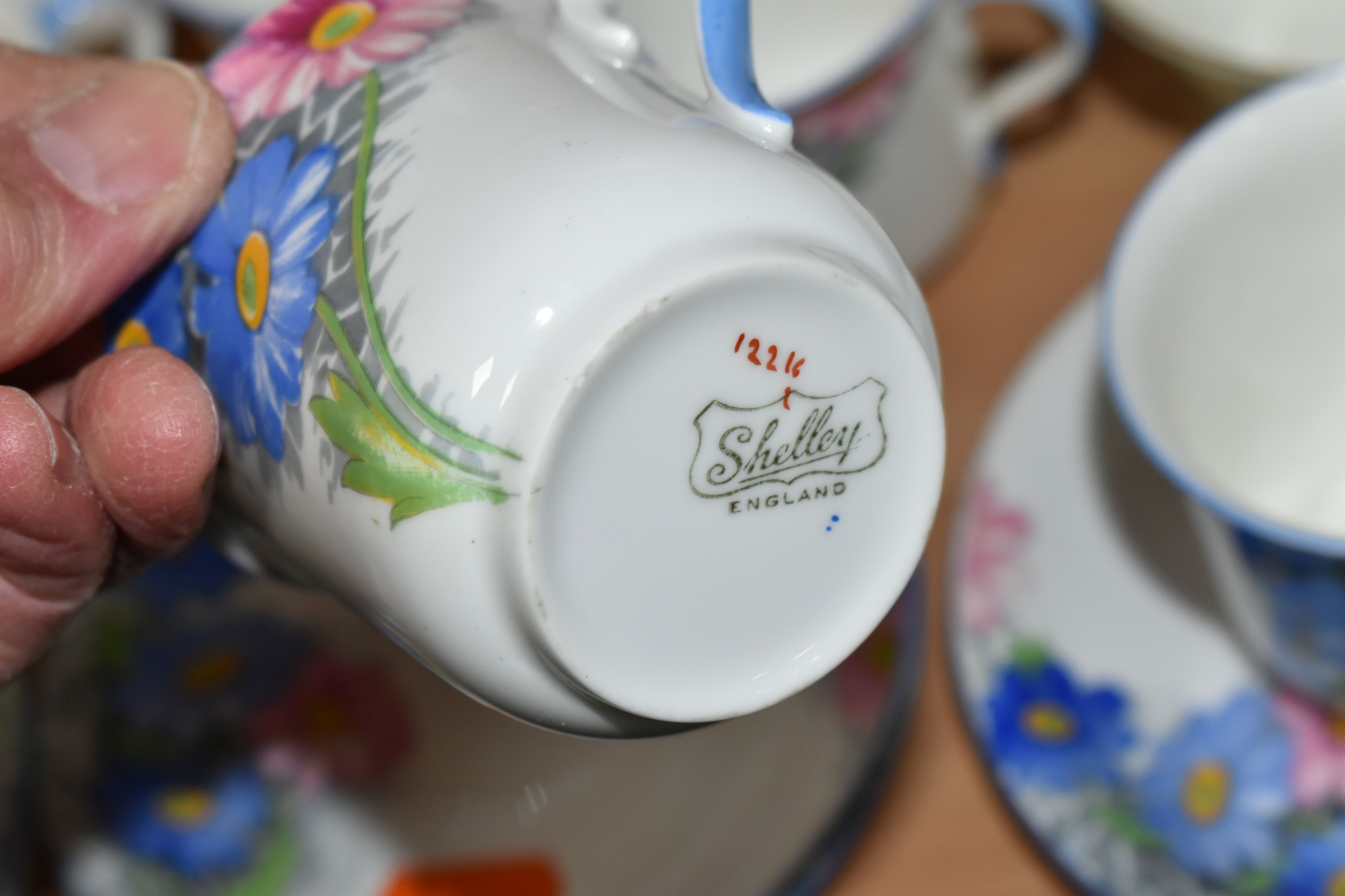 A SHELLEY COFFEE SET, pattern number 12216, decorated with a blue and pink floral design on a - Image 5 of 6