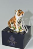 A BOXED ROYAL CROWN DERBY 'SUMATRAN TIGER CUB' PAPERWEIGHT, with gold stopper, red printed backstamp