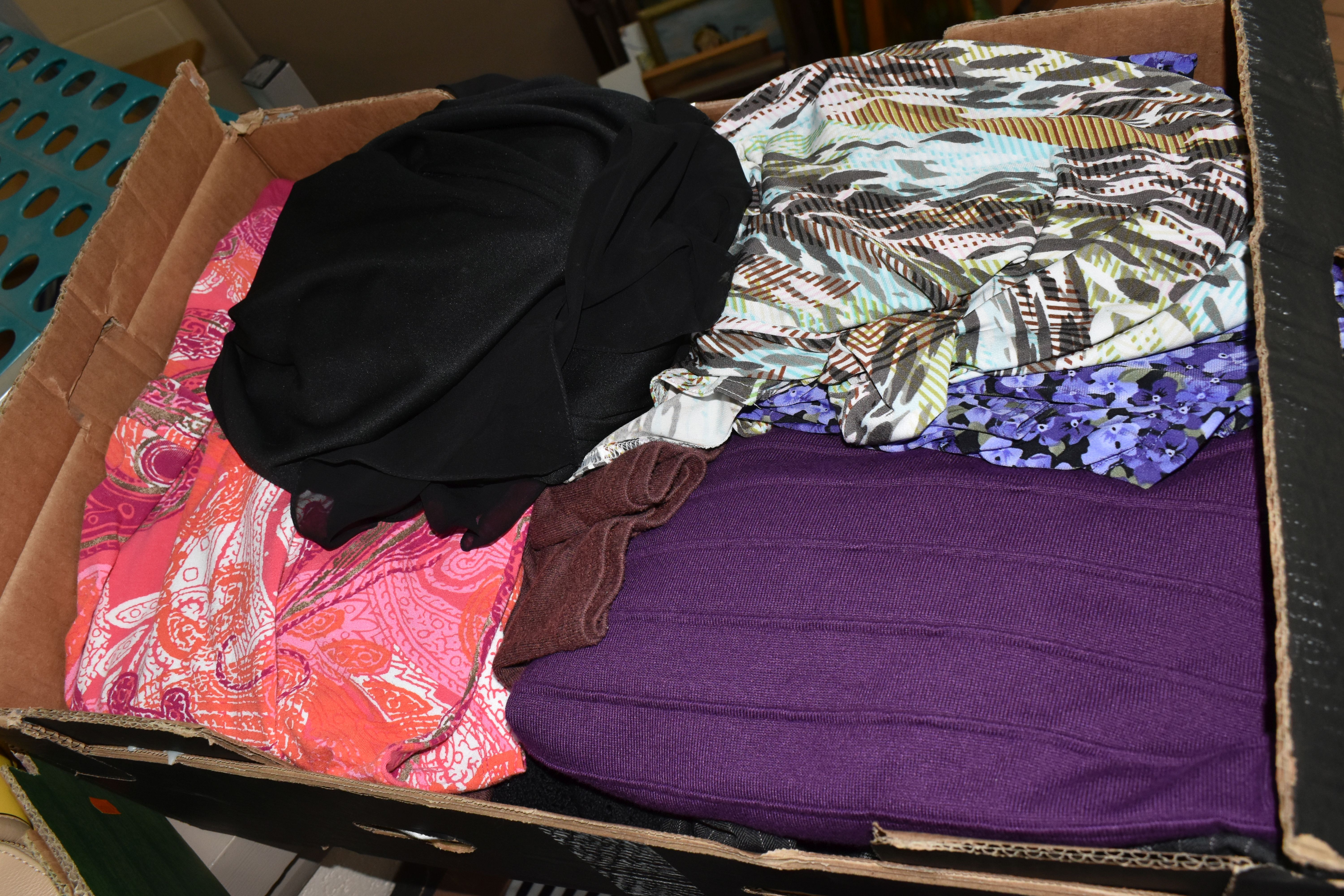 ELEVEN BOXES AND TWO SUITCASES OF LADIES' CLOTHING, to include dresses, skirts, sweaters, - Image 6 of 9
