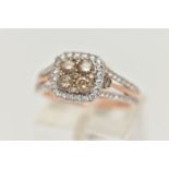 A 'KALLATI' DIAMOND CLUSTER RING, a square form cluster ring, set with round brilliant cut brown and