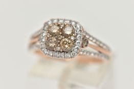 A 'KALLATI' DIAMOND CLUSTER RING, a square form cluster ring, set with round brilliant cut brown and