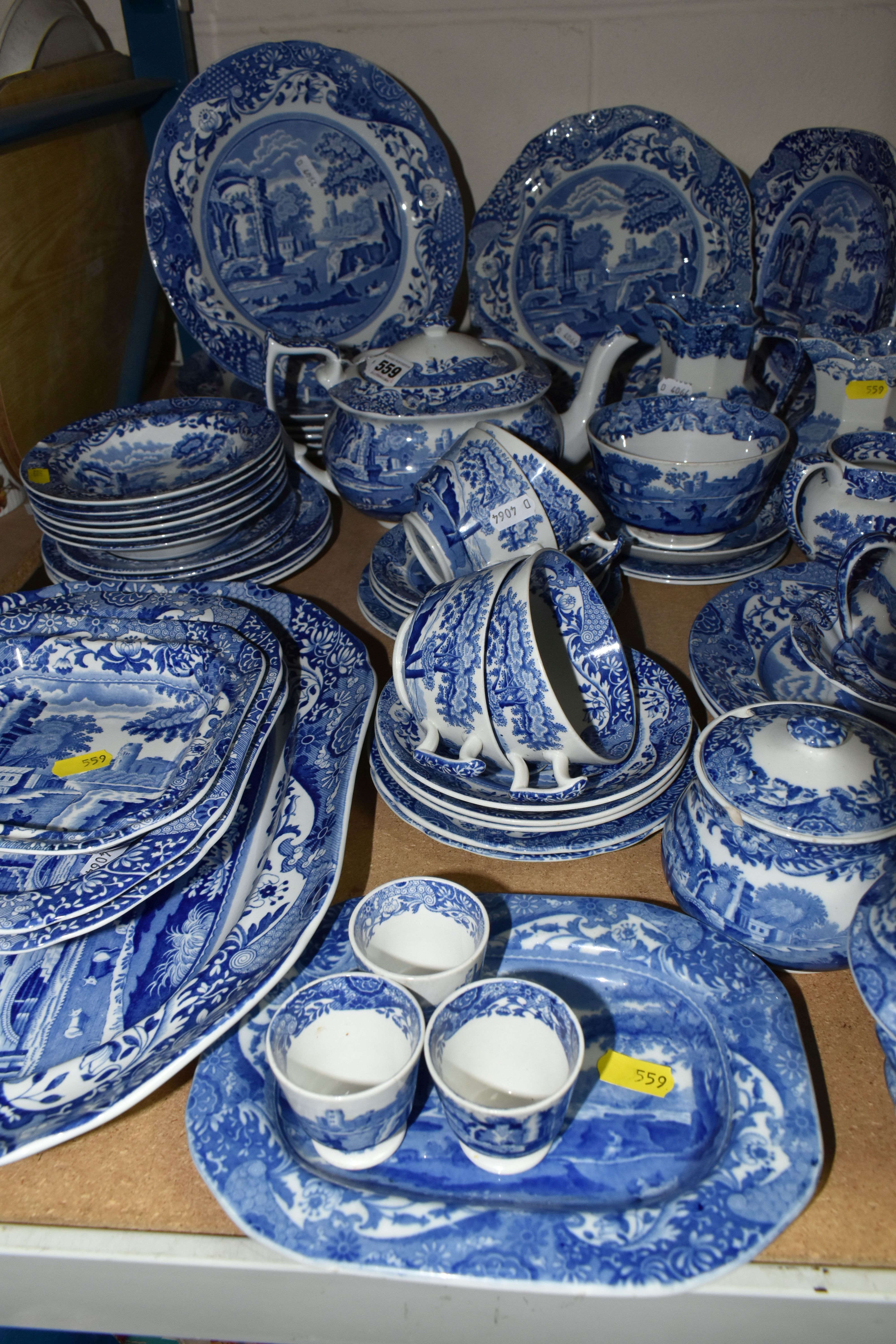 A GROUP OF SPODE'S ITALIAN DESIGN BLUE AND WHITE DINNERWARE, comprising a teapot, covered butter