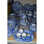 A GROUP OF SPODE'S ITALIAN DESIGN BLUE AND WHITE DINNERWARE, comprising a teapot, covered butter