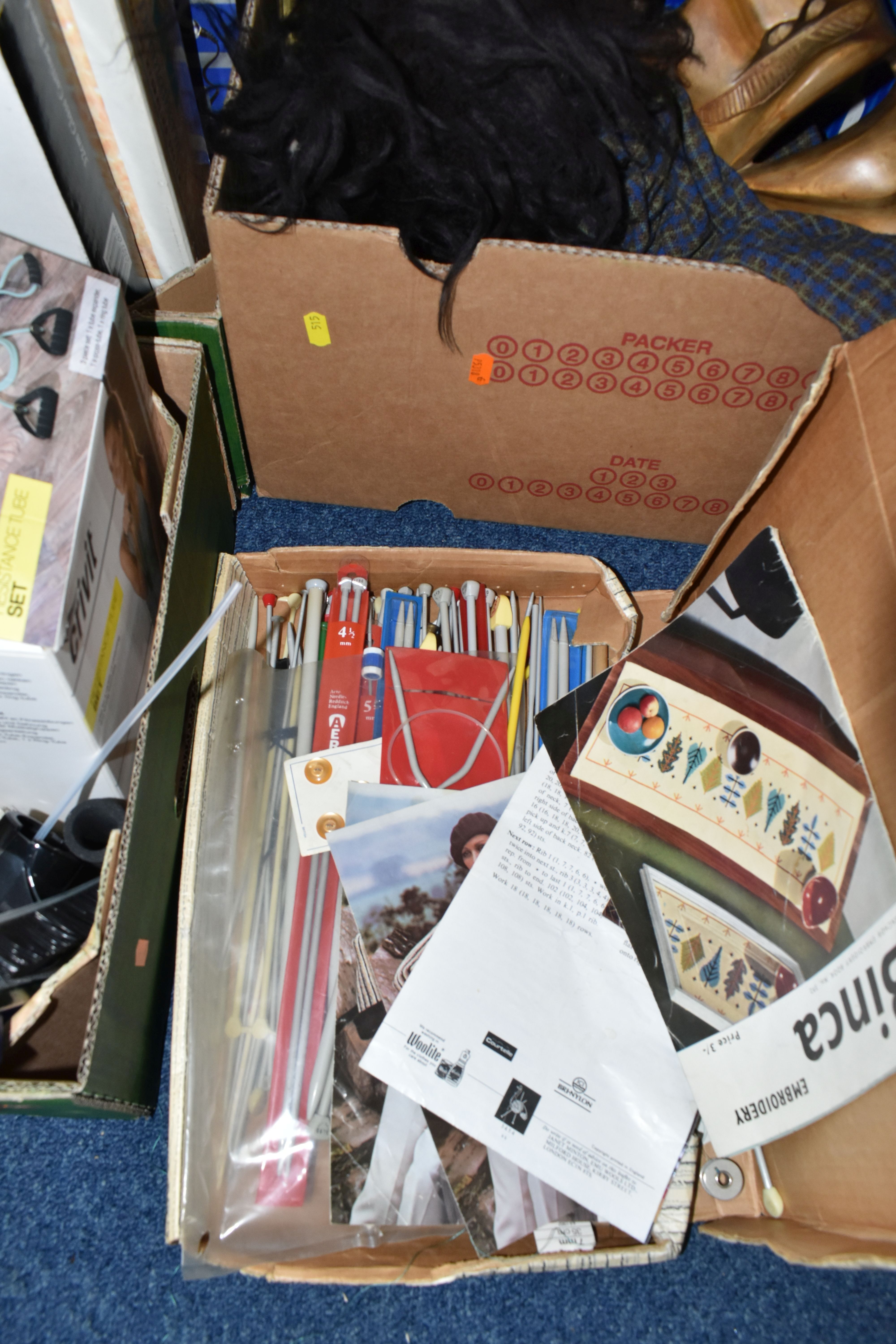 FIVE BOXES OF HOUSEHOLD EQUIPMENT, KNITTING NEEDLES, CHRISTMAS DECORATIONS, PELHAM HAND PUPPET, ETC, - Image 3 of 7