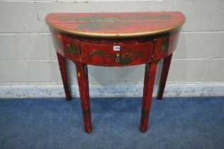 A RED LACQUERED CHINESE DEMI-LUNE SIDE TABLE, with floral chinoiserie decoration, a single frieze