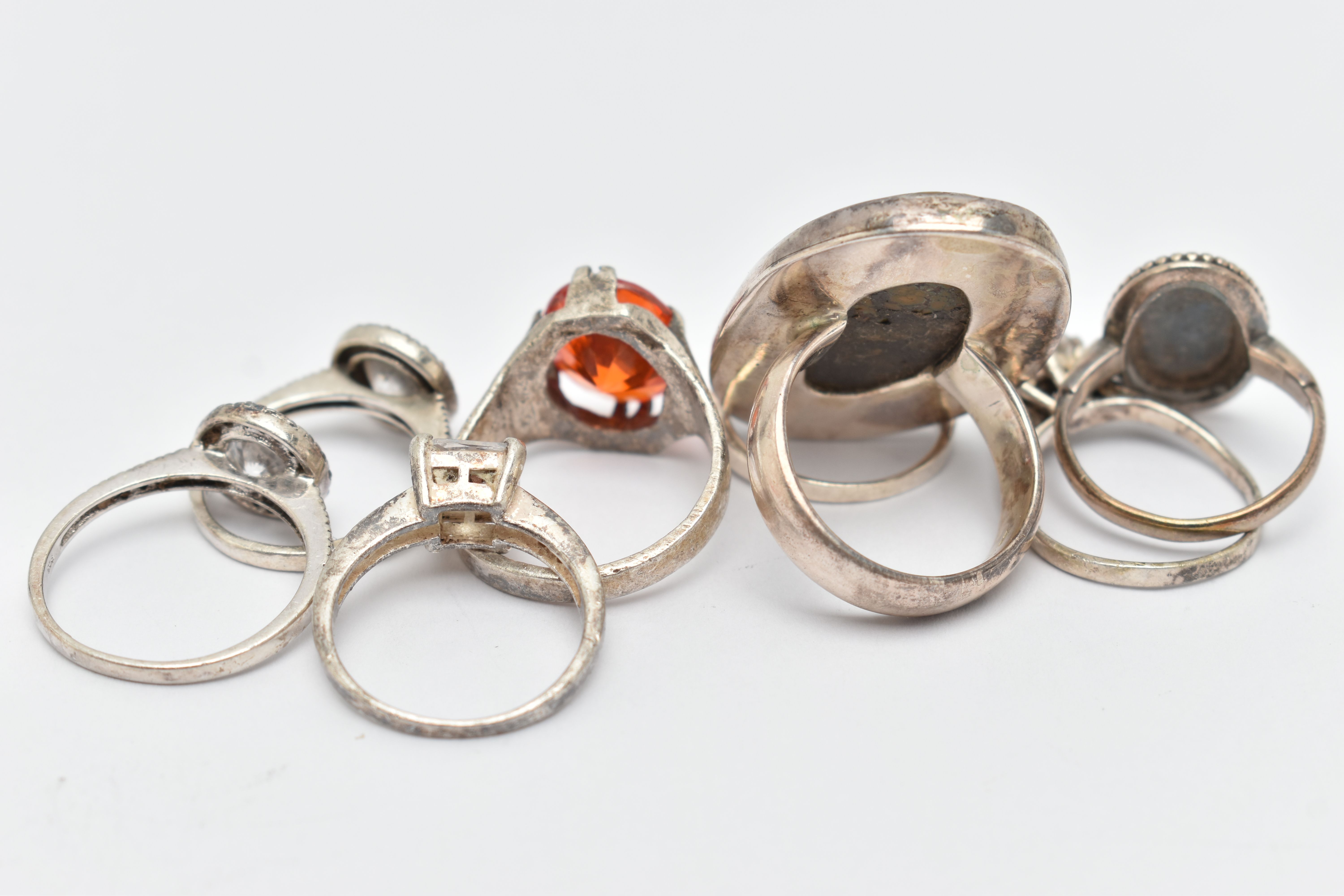 EIGHT WHITE METAL RINGS, various designs, some set with semi-precious gemstones or paste, - Image 4 of 4